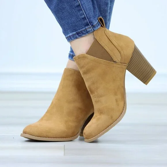 Block High Heeled Ankle Boots Brown Synthetic Suede Chelsea Cone - Picture 7 of 15